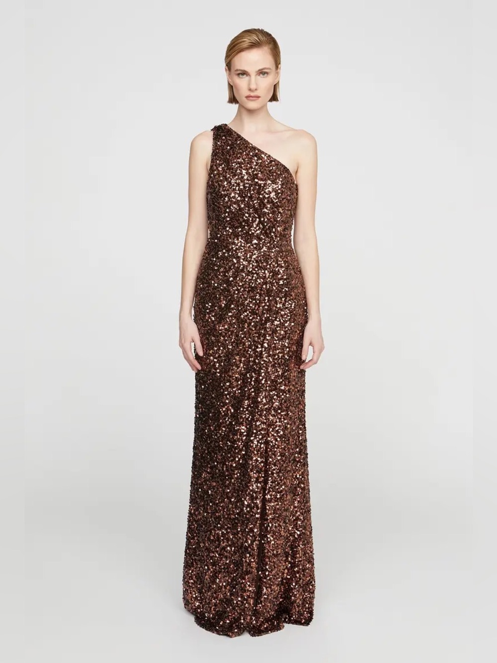 Halston Heritage One-Shoulder Sequin Gown in Bronze